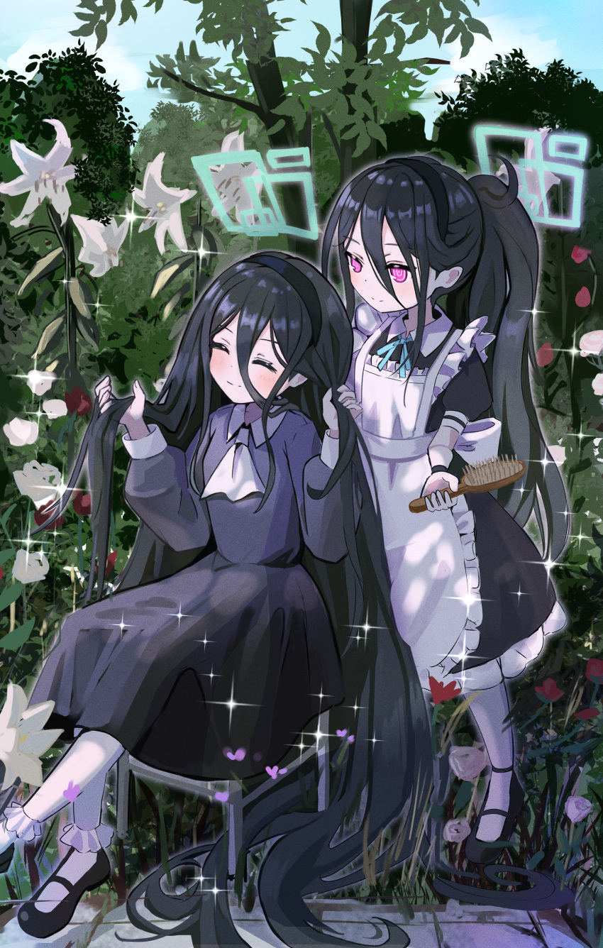 &lt;key&gt;_(blue_archive) 2girls absurdly_long_hair absurdres alternate_costume apron aris_(blue_archive) aris_(maid)_(blue_archive) black_dress black_footwear black_hair blue_archive bobby_socks brushing_another's_hair brushing_hair closed_eyes closed_mouth commentary dress dual_persona frilled_apron frills green_halo hair_between_eyes hair_brush halo highres holding holding_hair_brush long_hair long_sleeves maid_apron multiple_girls official_alternate_costume outdoors ponytail puffy_long_sleeves puffy_short_sleeves puffy_sleeves ringed_eyes short_sleeves sitting socks split_mouth square_halo thomason366 very_long_hair violet_eyes white_apron white_socks