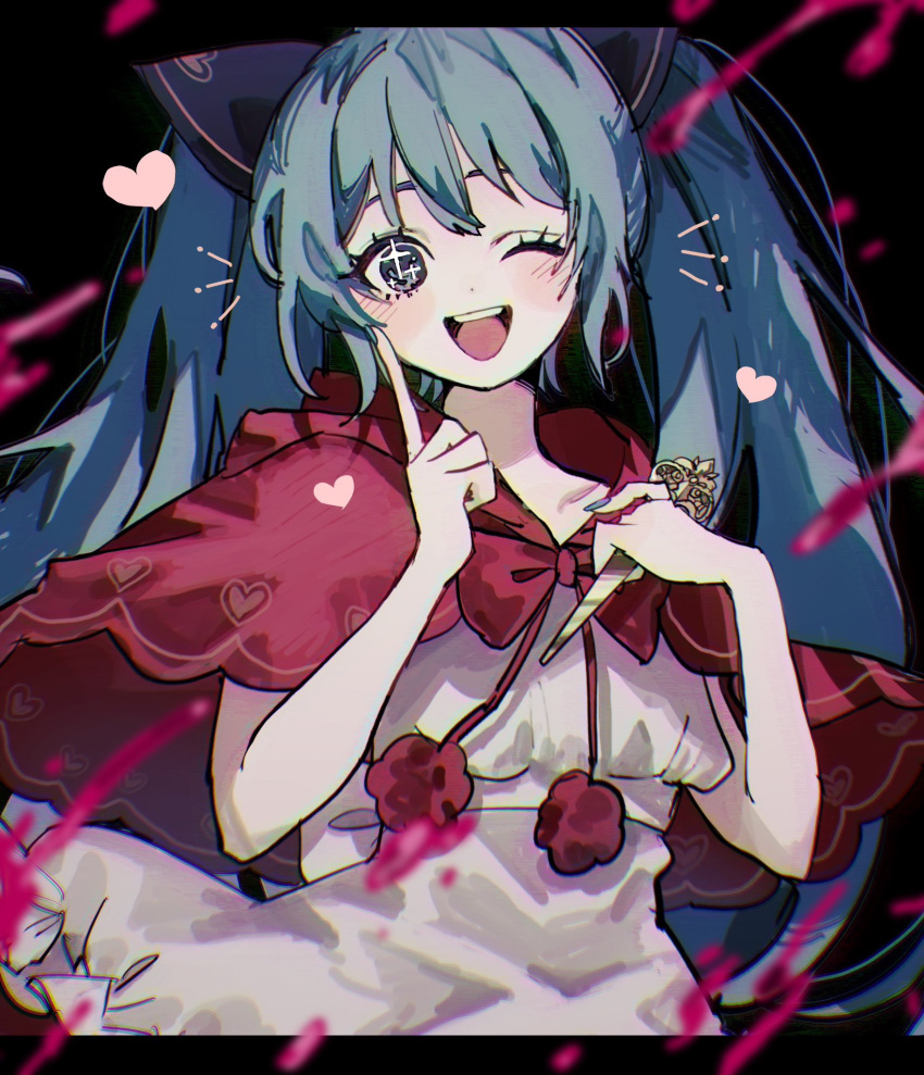 1girl :d bad_end_night_(vocaloid) black_background black_ribbon blood blue_eyes blue_hair blue_nails blush_stickers bow bowtie capelet cowboy_shot dot_nose drawn_whiskers dress hair_ribbon hatsune_miku heart highres inu_totemo letterboxed long_bangs long_hair looking_at_viewer nail_polish one_eye_closed open_mouth pink_blood pom_pom_(clothes) red_bow red_bowtie red_capelet ribbon sidelocks simple_background smile solo teeth twintails upper_teeth_only very_long_hair vocaloid white_dress