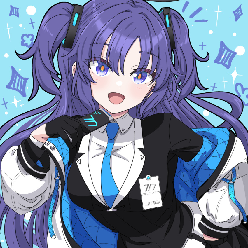 1girl black_gloves blue_archive blue_necktie blush breasts collared_shirt daiichi_(1279220) gloves highres id_card jacket long_hair long_sleeves looking_at_viewer medium_breasts necktie open_mouth purple_hair shirt smile solo suit two-sided_fabric two-sided_jacket two_side_up upper_body violet_eyes white_jacket white_shirt yuuka_(blue_archive)