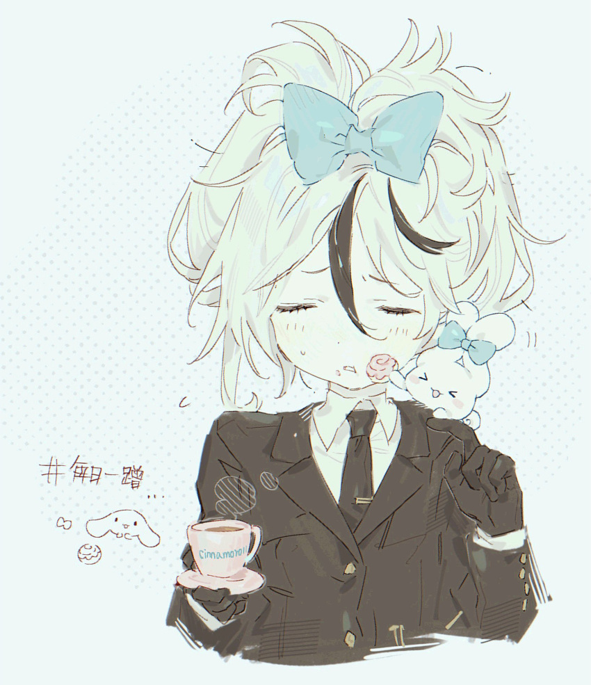1boy alternate_hairstyle black_necktie blush cinnamoroll closed_eyes collared_shirt folded_twintails hands_up highres library_of_ruina long_hair meijiichigo multicolored_hair necktie parted_lips project_moon sanrio shirt solo streaked_hair white_hair white_shirt yan_vismok