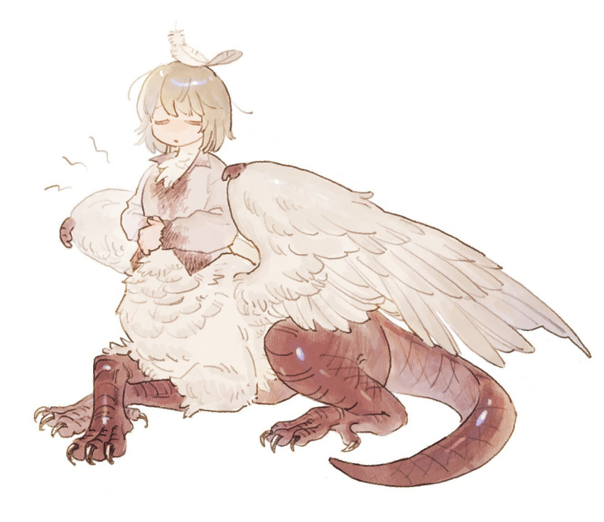 1girl blood blood_on_clothes body_fur chimera closed_eyes collared_shirt crossed_legs dragon_girl dungeon_meshi falin_thorden feathered_wings feathers full_body gkfdlfdjqtdma grey_hair hands_on_own_stomach hashtag_only_commentary hungry light_brown_hair long_sleeves monster_girl object_on_head own_hands_together shirt short_hair simple_background solo spoilers taur white_background wings