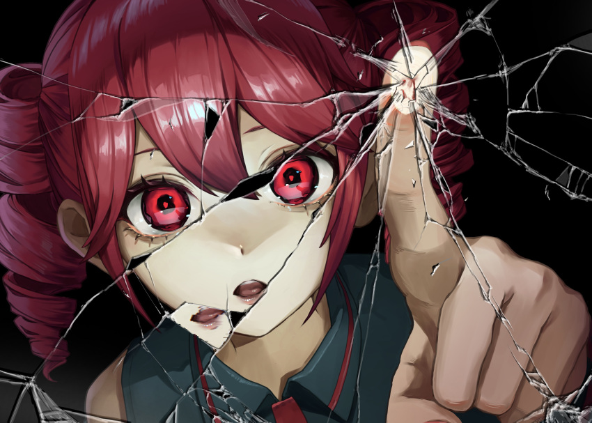 1girl against_fourth_wall against_glass bare_shoulders black_background black_shirt breaking broken_glass collared_shirt crack cracked_glass drill_hair fourth_wall glass hair_between_eyes hand_on_glass hand_up highres kasane_teto open_mouth poking portrait reaching reaching_towards_viewer rearea_7777 red_eyes redhead shirt simple_background sleeveless solo twin_drills utau