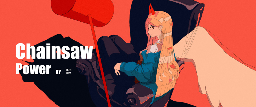 1girl absurdres blonde_hair blue_jacket chainsaw_man couch dated hammer highres horns hoshizakana jacket looking_at_viewer off_shoulder on_couch orange_eyes power_(chainsaw_man) red_horns shirt sideways_glance sitting solo white_shirt