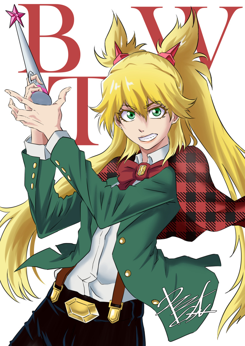 1girl absurdres blonde_hair bow burn_the_witch clenched_teeth collared_shirt commentary copyright_name cowboy_shot english_commentary eyelashes fighting_stance green_eyes green_jacket hair_between_eyes hands_up highres holding holding_wand jacket lips long_hair long_sleeves looking_at_viewer ninny_spangcole open_clothes open_jacket rakusakugk red_bow shirt sidelocks signature simple_background solo star_(symbol) suspenders teeth twintails very_long_hair wand white_background white_shirt