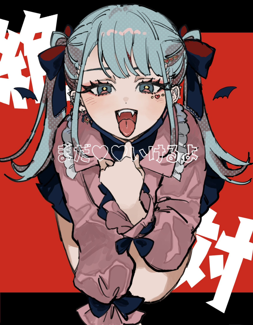 1girl :d arm_support black_bow blue_eyes blue_hair blush bow dot_nose earrings fangs full_body hair_bow hand_up hatsune_miku heart heart_earrings heart_sticker highres inu_totemo jewelry jirai_kei kneeling letterboxed long_hair long_sleeves looking_at_viewer mask mask_pull mouth_mask open_mouth pink_shirt red_background shirt sidelocks simple_background smile solo sticker_on_face straight-on teeth tongue tongue_out twintails upper_teeth_only vampire_(vocaloid) vocaloid