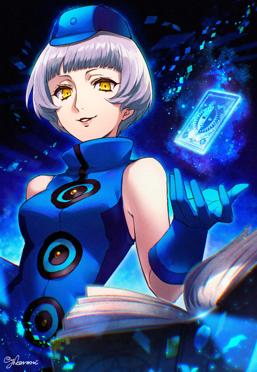 1girl absurdres bare_shoulders blue_background blue_dress blue_gloves blue_headwear bob_cut book breasts cabbie_hat commentary_request dress elizabeth_(persona) floating floating_book floating_card floating_object gloves grey_hair grin hat highres lips looking_at_viewer medium_breasts open_book parted_lips persona persona_3 pink_lips short_hair signature sleeveless sleeveless_dress smile solo yellow_eyes yokaroni