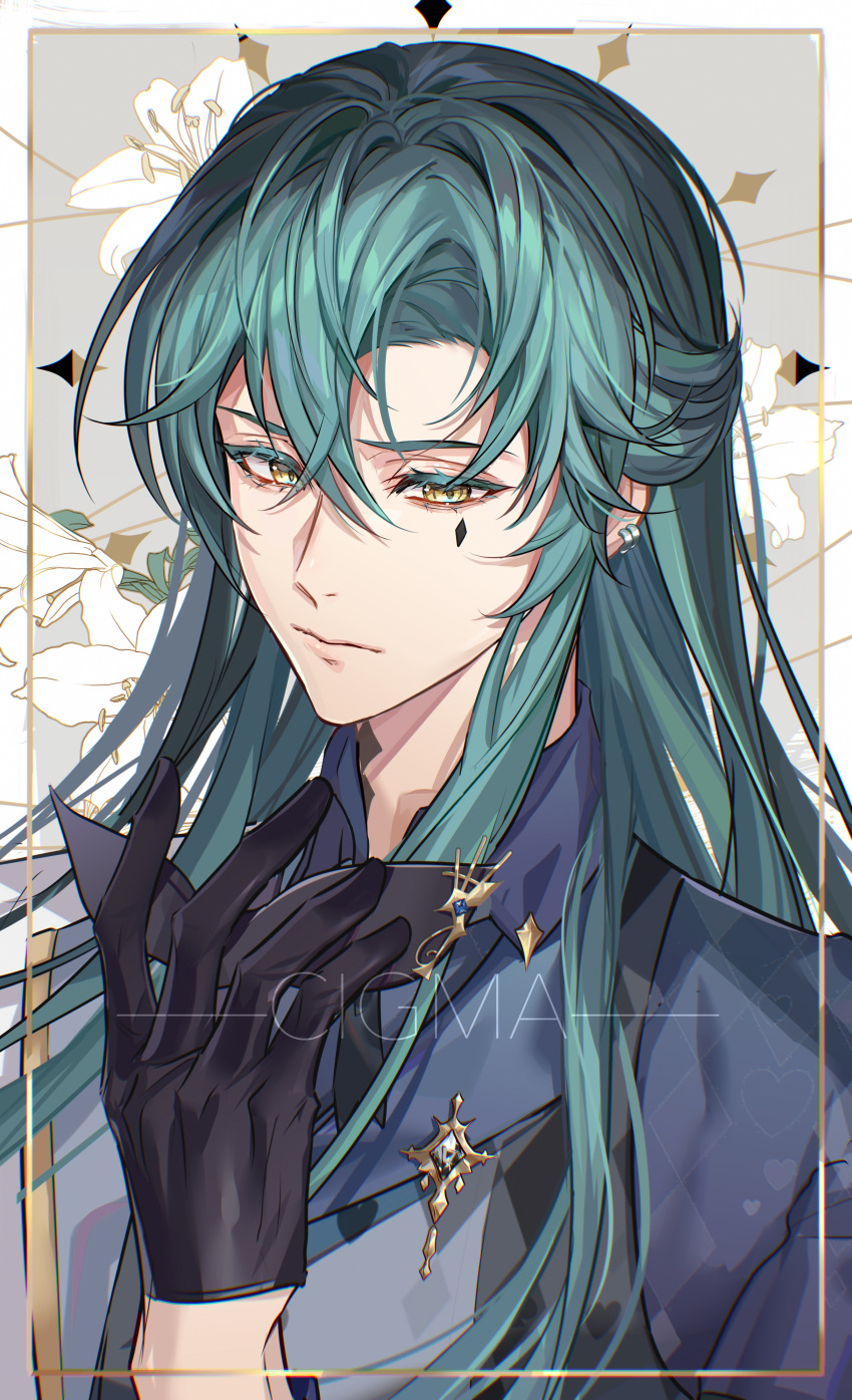 1boy absurdres black_gloves blue_shirt cigma closed_mouth collared_shirt commission ear_piercing facial_mark facial_tattoo floral_background flower gloves green_hair highres jewelry long_hair original piercing shirt solo tattoo white_flower yellow_eyes