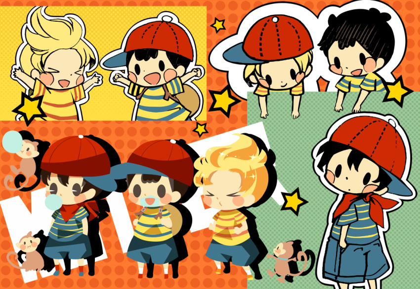 &gt;_&lt; 3boys arms_up backpack bag bandana baseball_cap black_hair blonde_hair blue_footwear blue_shorts blush_stickers brown_bag bubble_blowing bubble_monkey chewing_gum clenched_hand drop_shadow full_body hat hitofutarai looking_back lucas_(mother_3) male_focus mother_(game) mother_1 mother_2 mother_3 multiple_boys multiple_views ness_(mother_2) ninten open_mouth orange_footwear pac-man_eyes red_bandana red_footwear red_headwear red_socks salsa_(mother) shirt short_hair shorts sideways_hat smile socks solid_oval_eyes star_(symbol) striped_clothes striped_shirt white_socks