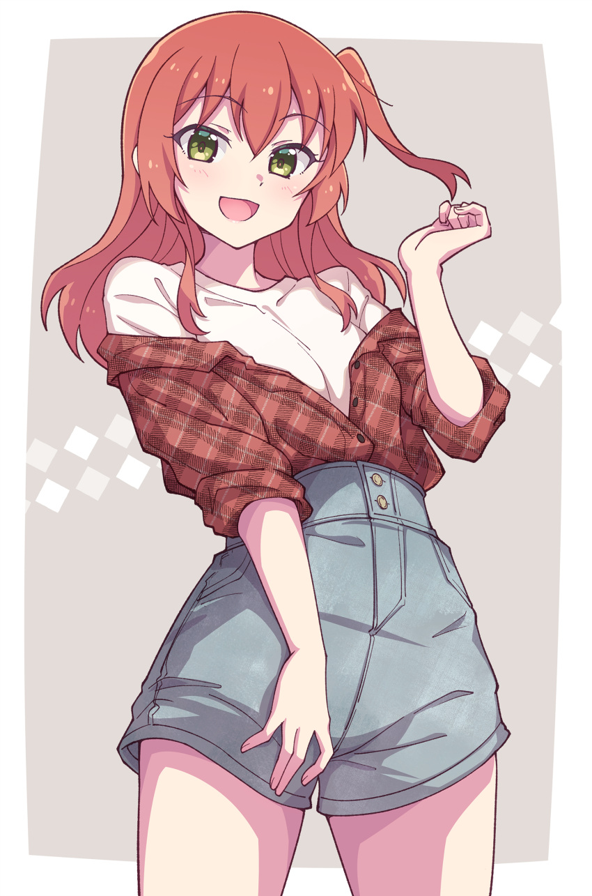1girl :d absurdres blush bocchi_the_rock! collared_shirt denim denim_shorts dress_shirt e20 green_eyes grey_background grey_shorts hair_between_eyes hand_up highres kita_ikuyo looking_at_viewer off_shoulder one_side_up open_clothes open_shirt plaid plaid_shirt puffy_short_sleeves puffy_sleeves red_shirt redhead shirt short_shorts short_sleeves shorts smile solo standing two-tone_background white_background white_shirt