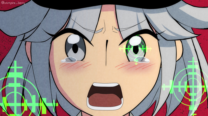 1other androgynous blush commentary_request fujiwara_no_shirogane_no_sanra grey_hair highres katanagatari len'en no_sclera open_mouth other_focus ougi_hina parody red_background short_hair simple_background solo style_parody tearing_up twitter_username