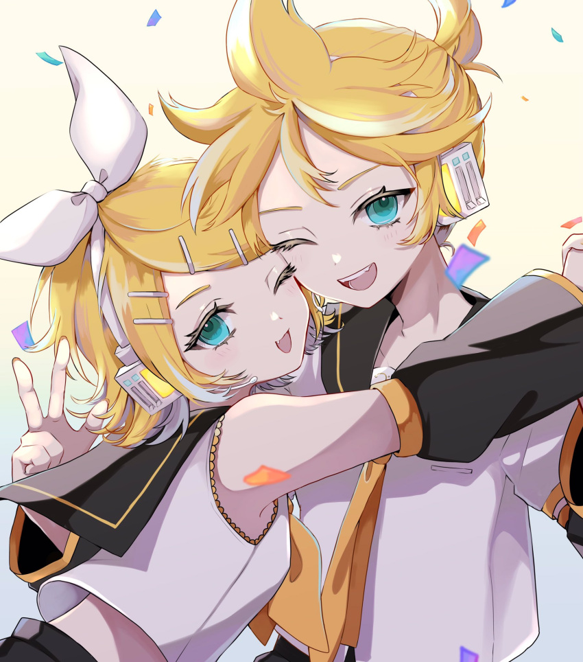 1boy 1girl :d black_sailor_collar black_shorts black_sleeves blonde_hair blue_eyes blush bow bow_hairband brother_and_sister confetti cropped_shirt detached_sleeves dot_nose fang frilled_shirt frills from_side hair_ornament hairband hairpin hand_up headset highres holding_hands kagamine_len kagamine_rin long_sleeves looking_at_viewer messy_hair microphone midriff naguno-0713 nail_polish neckerchief one_eye_closed open_mouth parted_bangs sailor_collar school_uniform serafuku shirt short_hair shorts siblings simple_background sleeveless sleeveless_shirt smile teeth upper_body upper_teeth_only vocaloid w white_background white_bow white_hairband white_shirt yellow_nails yellow_neckerchief