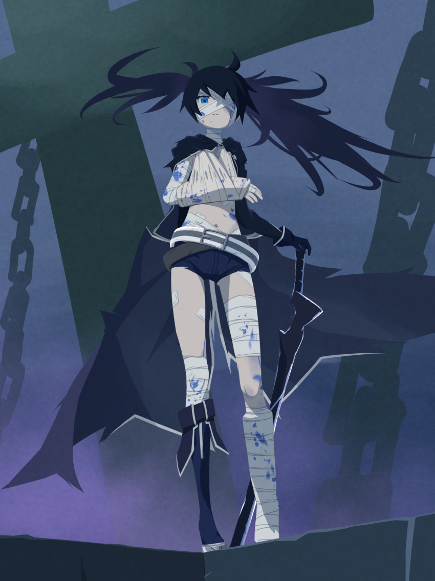 32zzz bandage_on_face bandage_over_one_eye bandaged_arm bandaged_foot bandaged_head bandaged_leg bandages black_cape black_footwear black_gloves black_hair black_rock_shooter black_rock_shooter_(character) black_shorts blood blood_on_bandages blue_blood blue_eyes boots cape chain cross elbow_gloves gloves highres holding holding_sword holding_weapon long_hair no_shirt shorts sidelocks sword twintails uneven_twintails weapon