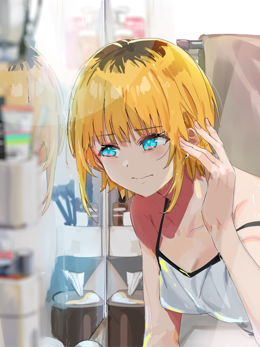 1girl bare_shoulders blonde_hair blue_eyes camisole closed_mouth collarbone depth_charge earrings funi_mu9 highres indoors jewelry lens_flare memcho mirror multicolored_hair no_pupils oshi_no_ko reflection roots_(hair) short_hair sidelocks solo spaghetti_strap strap_slip stud_earrings upper_body white_camisole