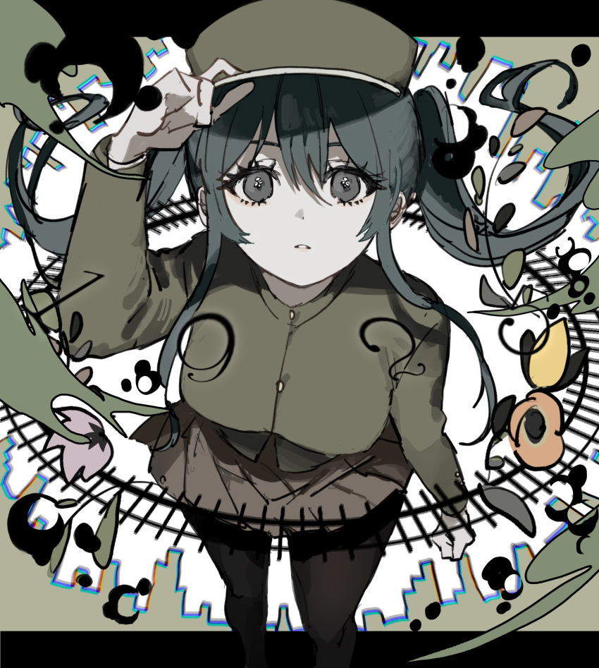 1925_(vocaloid) 1girl arm_at_side black_eyes black_pantyhose blue_hair breasts brown_skirt feet_out_of_frame floating_hair foreshortening green_headwear green_shirt hand_on_headwear hat hatsune_miku highres impossible_clothes impossible_shirt inu_totemo large_breasts letterboxed long_hair long_sleeves looking_up pantyhose pleated_skirt railroad_tracks shirt sidelocks skirt solo twintails vocaloid