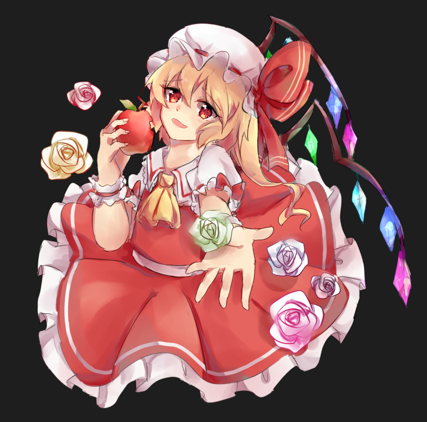 1girl apple ascot black_background blonde_hair bow collared_shirt cowboy_shot crystal dark_background fang flandre_scarlet flower food frilled_skirt frilled_sleeves frills fruit glowing glowing_wings green_flower green_rose hair_between_eyes hat hat_bow head_tilt highres holding holding_food holding_fruit kayu_(553917372) looking_at_viewer medium_hair mob_cap multicolored_wings one_side_up open_mouth outstretched_arm outstretched_hand pink_flower pink_rose puffy_short_sleeves puffy_sleeves red_apple red_bow red_eyes red_flower red_ribbon red_rose red_skirt red_vest ribbon ribbon-trimmed_headwear ribbon-trimmed_sleeves ribbon_trim rose shirt short_sleeves simple_background skin_fang skirt sleeve_bow solo touhou vest white_headwear white_shirt wings yellow_ascot yellow_flower yellow_rose
