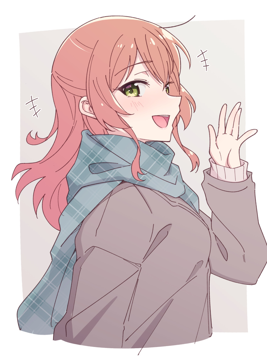 +++ 1girl :d absurdres blush bocchi_the_rock! cropped_torso e20 from_side green_eyes grey_background grey_jacket grey_scarf grey_sweater hair_between_eyes hand_up highres jacket kita_ikuyo long_hair long_sleeves plaid plaid_scarf redhead scarf smile solo sweater two-tone_background upper_body white_background