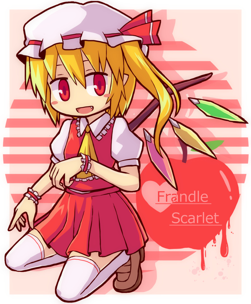 1girl ascot blonde_hair blush_stickers border brown_footwear character_name chibi collared_shirt fang flandre_scarlet frilled_ascot frilled_shirt_collar frills full_body hat hat_ribbon highres loafers medium_hair mob_cap one_side_up open_mouth pink_background pleated_skirt pointy_ears puffy_short_sleeves puffy_sleeves red_eyes red_ribbon red_skirt red_vest ribbon ribbon-trimmed_headwear ribbon_trim shirt shoes short_sleeves skirt solo striped_background tanakara thigh-highs touhou vest white_border white_headwear white_shirt white_thighhighs wrist_cuffs yellow_ascot