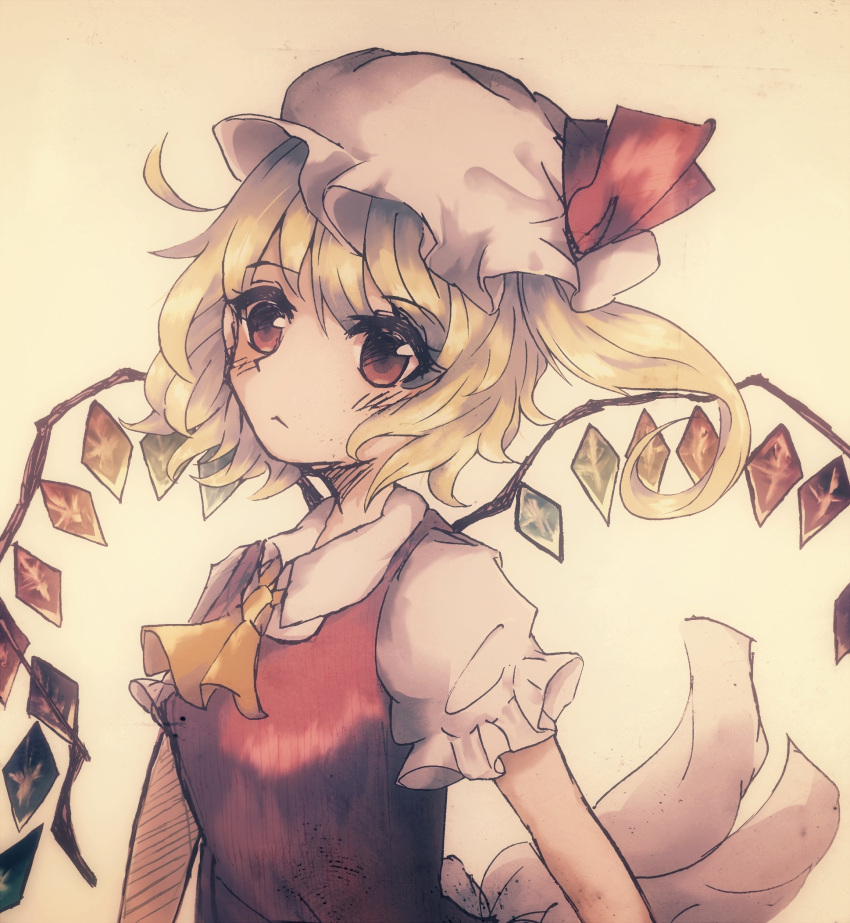 1girl ascot back_bow blonde_hair bow breasts closed_mouth collared_shirt crystal flandre_scarlet highres multicolored_wings muutori_(yukigekilove) one_side_up puffy_short_sleeves puffy_sleeves red_eyes red_vest shirt short_sleeves simple_background small_breasts solo touhou upper_body vest white_bow white_headwear white_shirt wings yellow_ascot yellow_background