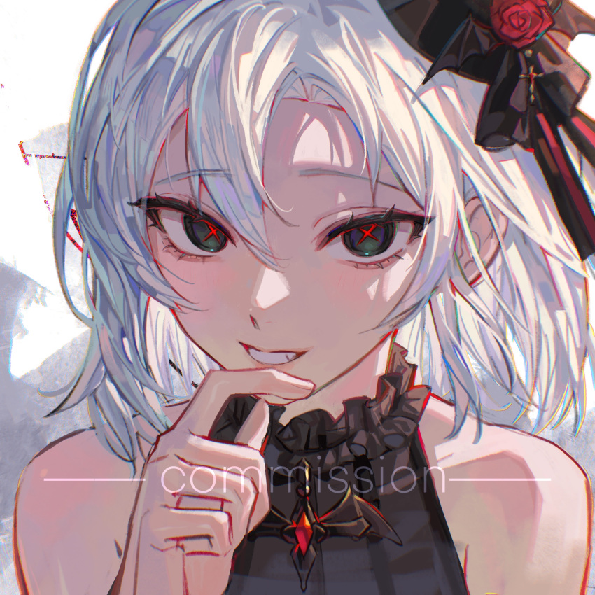 1girl bare_shoulders black_dress cigma commission dress english_text fang gem green_eyes hair_between_eyes hair_ornament hand_on_own_chin highres looking_at_viewer medium_hair original red_gemstone red_pupils smile solo symbol-shaped_pupils teeth white_hair