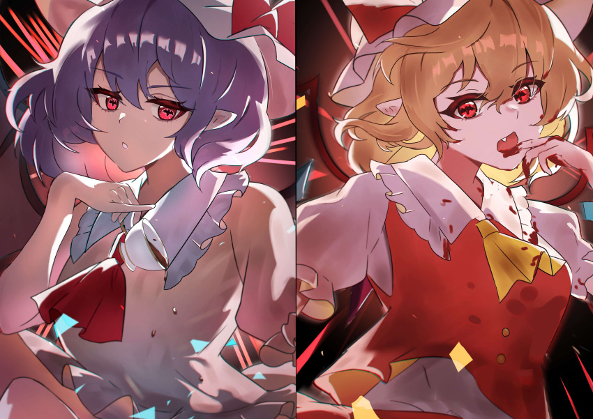 2girls absurdres ascot bat_wings blonde_hair blood blood_on_clothes blood_on_hands bow breasts chirihouki collared_shirt cup fang flandre_scarlet frilled_shirt_collar frills hair_between_eyes hat hat_bow highres looking_at_viewer mob_cap multiple_girls open_mouth pointy_ears puffy_short_sleeves puffy_sleeves purple_hair red_ascot red_bow red_eyes red_vest remilia_scarlet shirt short_sleeves siblings sisters small_breasts spilling symbol-shaped_pupils teacup touhou upper_body vest white_headwear white_shirt wings yellow_ascot