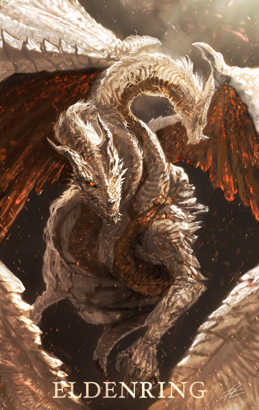 claws closed_mouth colored_skin commentary commentary_request copyright_name dragon dragon_wings dragonlord_placidusax elden_ring embers flying grey_skin highres horns mixed-language_commentary monster_focus mrpk multiple_heads sharp_teeth signature teeth wings