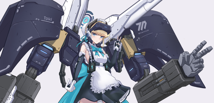1girl absurdres apron aqua_bow aqua_bowtie black_dress blonde_hair blue_archive blue_eyes blue_halo bow bowtie breasts character_name detached_sleeves dress earpiece externally_piloted_mecha frilled_apron frills gun hair_bun halo head-mounted_display highres jellen_squish looking_at_viewer machine_gun machinery maid maid_apron maid_headdress mecha mechanical_halo multiple_weapons robot solo thigh_strap toki_(blue_archive) unconventional_maid v waist_apron weapon white_apron