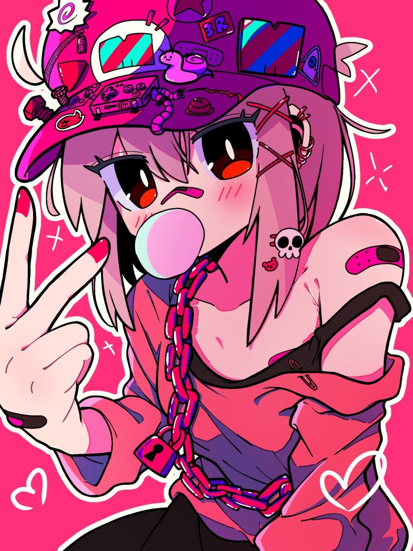 1girl bandaid bandaid_on_chest bandaid_on_face bandaid_on_hand bandaid_on_nose bandaid_on_shoulder baseball_cap black_skirt blush chain chewing_gum collarbone ear_piercing hair_ornament hat hat_pin heart highres long_sleeves looking_at_viewer mukkusan off-shoulder_sweater off_shoulder original outline piercing pink_background pink_hair pink_headwear pink_sweater pink_theme red_eyes sidelocks simple_background skirt solo sweater v white_outline x x_hair_ornament