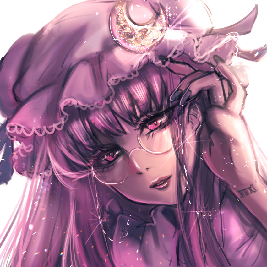 1girl absurdres backlighting blunt_bangs crescent crescent_hat_ornament glasses glitter hat hat_ornament head_tilt highres kyogoku-uru lips long_hair looking_at_viewer mob_cap nail_polish patchouli_knowledge pink_headwear portrait purple_hair purple_nails simple_background solo touhou violet_eyes white_background