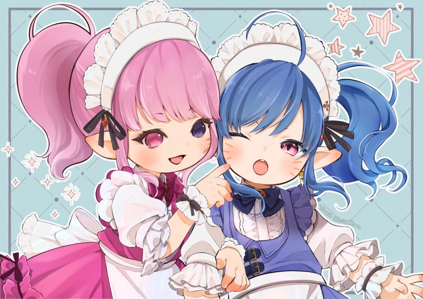2girls ahoge apron blue_hair cheek_poking chii_(pixiv20756878) dress eyebrows_hidden_by_hair final_fantasy final_fantasy_xiv gem heterochromia highres lalafell large_ribbon long_bangs looking_at_another maid maid_apron maid_headdress multiple_girls neck_ribbon one_eye_closed open_mouth pink_dress pink_eyes pink_hair pink_ribbon pointy_ears poking ponytail purple_dress purple_ribbon ribbon scrunchie shirt side_ponytail smile teeth upper_body upper_teeth_only violet_eyes waist_ribbon white_apron white_shirt wrist_scrunchie