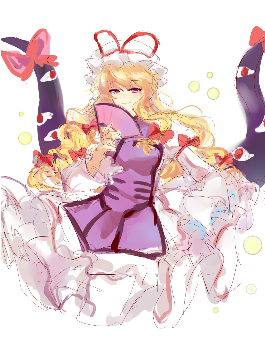 1girl absurdres blonde_hair bow closed_mouth dress gap_(touhou) hair_bow hand_fan hat hat_ribbon highres holding holding_fan kayu_(553917372) light_smile long_hair looking_at_viewer mob_cap purple_tabard red_bow red_ribbon ribbon shirt simple_background solo tabard touhou violet_eyes white_background white_dress white_headwear white_shirt yakumo_yukari
