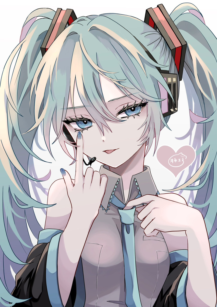1girl :p akanbe bare_shoulders black_sleeves blue_eyes blue_hair blue_nails blue_necktie breasts collared_shirt detached_sleeves eyelid_pull frilled_shirt frills grey_shirt hair_between_eyes hair_ornament hand_up hatsune_miku headset highres index_finger_raised long_sleeves looking_at_viewer medium_breasts microphone naguno-0713 nail_polish necktie shirt sidelocks simple_background sleeveless sleeveless_shirt solo tongue tongue_out twintails upper_body vocaloid white_background wing_collar
