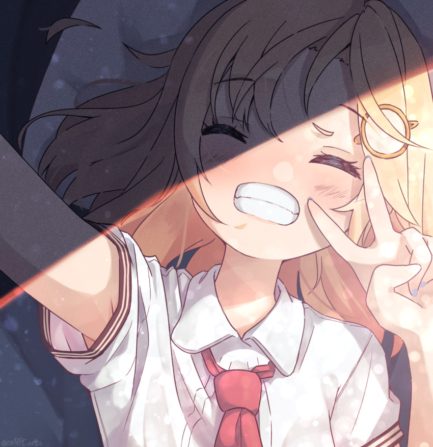 1girl blonde_hair blue_nails closed_eyes commentary english_commentary grin highres hololive hololive_english kiirokuma loose_necktie lying necktie on_back pillow red_necktie selfie shade smile solo v virtual_youtuber watson_amelia