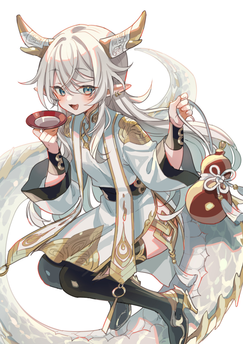 1girl blue_eyes boots chinese_zodiac cup dragon_girl dragon_horns dragon_tail earrings gourd grey_hair high_heel_boots high_heels highres holding_gourd horns jewelry open_mouth original pelvic_curtain pointy_ears sakazuki side_slit simple_background smile solo suzaku_(zaku6584) tail tassel thigh_boots white_background wide_sleeves year_of_the_dragon