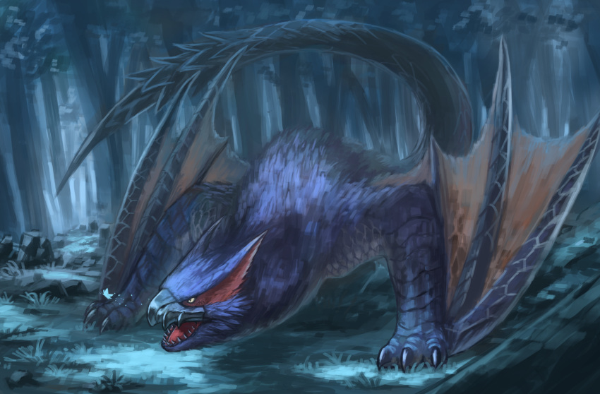 absurdres beak claws dragon forest highres monster monster_hunter_(series) nargacuga nasuno_posi nature no_humans open_mouth outdoors sharp_teeth spikes tail teeth wyvern yellow_eyes