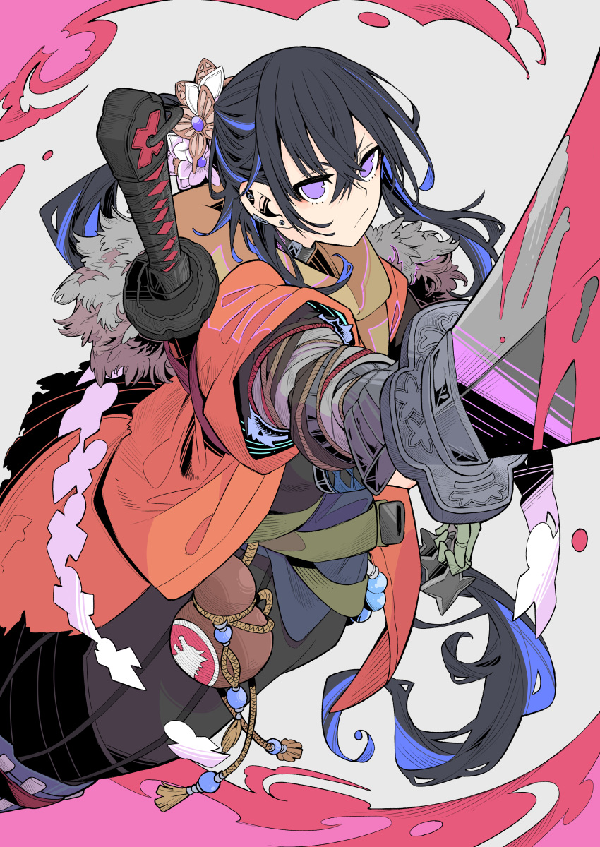 1girl absurdly_long_hair absurdres black_hair blue_hair commentary_request ear_piercing fur-trimmed_jacket fur_trim haori highres holding holding_sword holding_weapon ichinose_uruha jacket japanese_clothes katana long_hair looking_at_viewer multicolored_hair piercing pointing_sword ponytail scabbard sekiro:_shadows_die_twice sheath sidelocks solo streaked_hair sword sword_on_back tetsu_booya unsheathed upper_body v-shaped_eyebrows very_long_hair violet_eyes virtual_youtuber vspo! weapon weapon_on_back