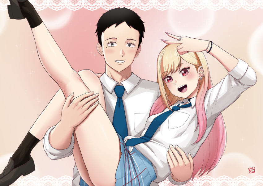 1boy 1girl artist_logo barbell_piercing black_hair black_socks blonde_hair blue_necktie blue_skirt carrying collared_shirt commentary_request couple dress_shirt ear_piercing finalcake gojou_wakana gradient_hair kitagawa_marin loafers long_hair looking_at_viewer mixed-language_commentary multicolored_hair nail_polish necktie parted_lips piercing pink_background pink_nails pleated_skirt princess_carry red_eyes school_uniform shirt shoes short_hair skirt smile socks sono_bisque_doll_wa_koi_wo_suru tongue_piercing upper_body white_shirt
