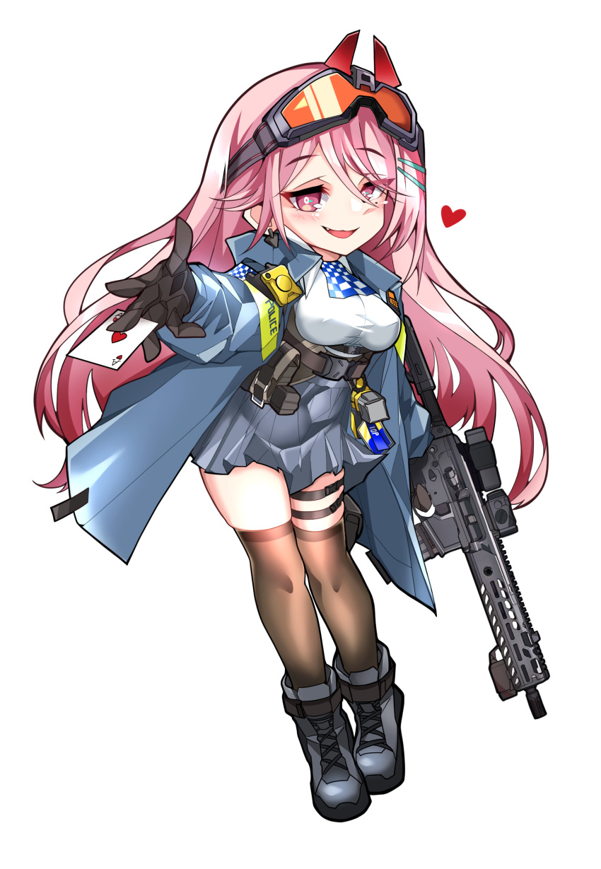 1girl ascot blush breasts checkered_ascot earrings eyewear_on_head full_body girls_frontline gloves godgamesc2 gun hair_ornament hairclip heart heart_earrings highres jacket jewelry large_breasts long_hair looking_at_viewer mole mole_under_eye open_mouth orange_goggles pink_hair police police_uniform red_eyes rifle safety_glasses shirt sig_mcx sig_mcx_(girls'_frontline) skirt smile solo uniform weapon white_background white_shirt
