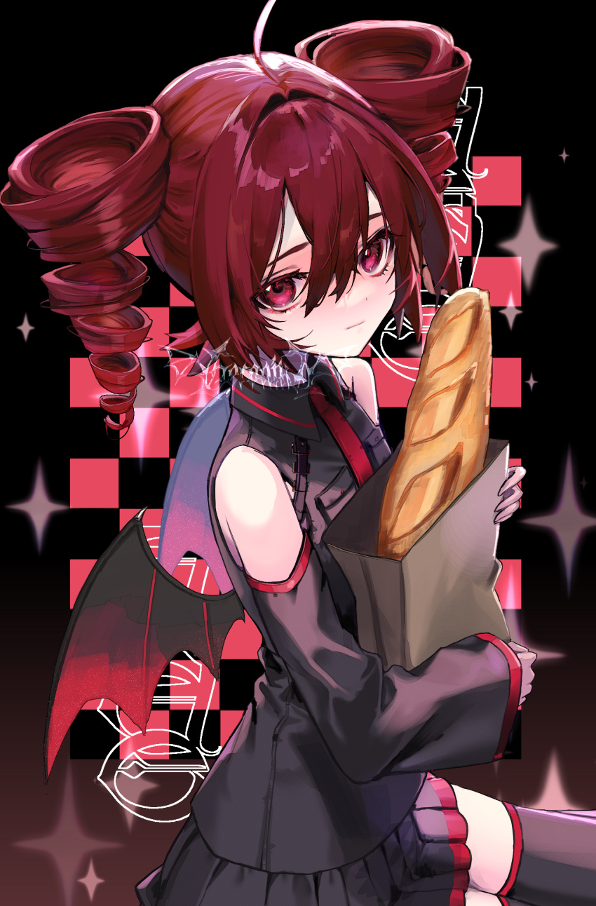 1girl bag bare_shoulders bat_wings black_background black_shirt black_skirt black_thighhighs bread checkered_background detached_sleeves drill_hair food highres holding holding_bag kasane_teto looking_at_viewer piz_doll red_eyes red_trim redhead shirt skirt solo sparkle thigh-highs twin_drills utau watermark wings