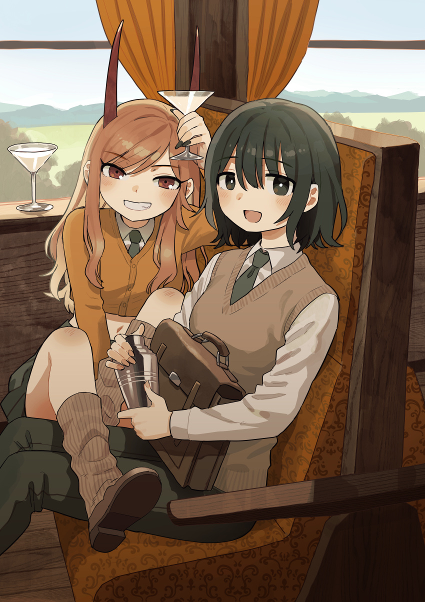 2girls absurdres alcohol alcohol_and_ogre-girls bartender black_eyes black_hair black_pants blush boots briefcase bright_pupils brown_footwear brown_sweater cardigan cocktail_glass cocktail_shaker commentary_request cup day demon_girl demon_horns drinking_glass feet_out_of_frame grin highres horns ibuki_hinata indoors leg_on_another's_leg long_sleeves looking_at_viewer medium_hair multiple_girls necktie open_mouth orange_cardigan original pants red_eyes shida_naori shirt sitting smile sweater sweater_vest teeth train_interior white_pupils white_shirt window zinbei