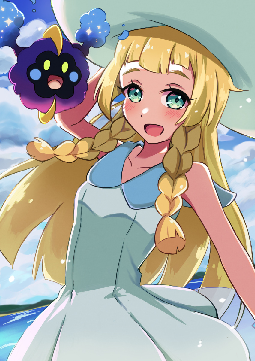 1girl :d absurdres bare_shoulders blonde_hair braid clouds cloudy_sky cosmog dress green_eyes hat highres lillie_(pokemon) long_hair looking_at_viewer open_mouth piyo_to_game pokemon pokemon_(creature) pokemon_sm sky sleeveless sleeveless_dress smile sun_hat sundress twin_braids white_dress white_headwear
