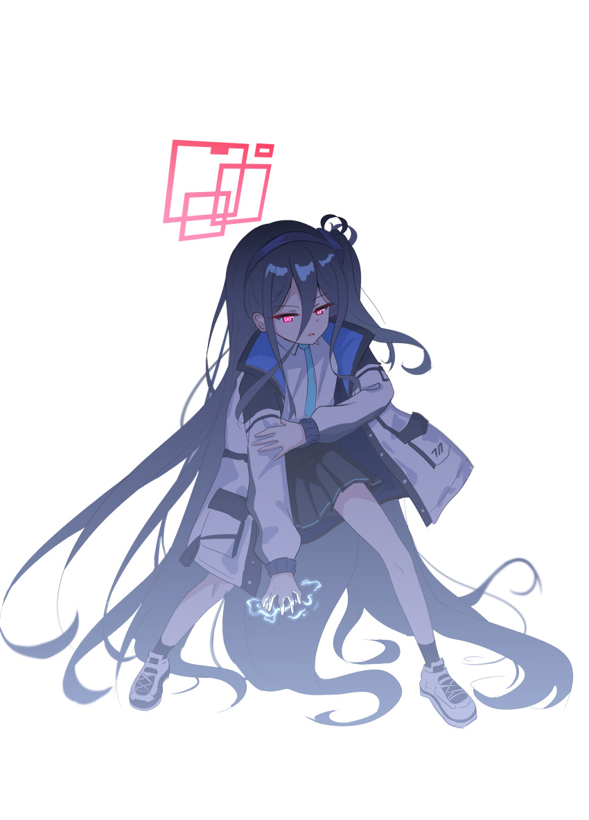 &lt;key&gt;_(blue_archive) 1girl absurdly_long_hair absurdres black_hair black_skirt black_socks blue_archive blue_necktie collared_shirt full_body halo highres jacket kiroshi long_hair long_sleeves necktie one_side_up open_clothes open_jacket open_mouth pleated_skirt red_eyes red_halo shirt shoes simple_background skirt socks solo two-sided_fabric two-sided_jacket very_long_hair white_background white_footwear white_jacket white_shirt
