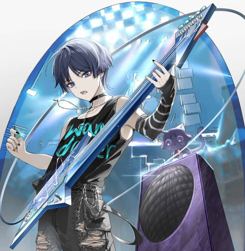 1boy alternate_costume bass_guitar black_pants black_tank_top character_name clothes_writing genshin_impact hair_between_eyes highres instrument isobe47 jewelry looking_at_viewer male_focus necklace open_mouth pants purple_hair scaramouche_(cat)_(genshin_impact) scaramouche_(genshin_impact) shirt short_hair solo tank_top violet_eyes wanderer_(genshin_impact)