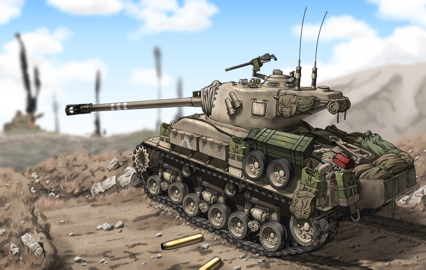 absurdres blue_sky blurry brown_bag browning_m1919 clouds crate depth_of_field dirt highres hitch_(perotoss) jerry_can m4_sherman military military_vehicle motor_vehicle no_humans original outdoors radio_antenna rock shell_casing sky smoke tank toolbox