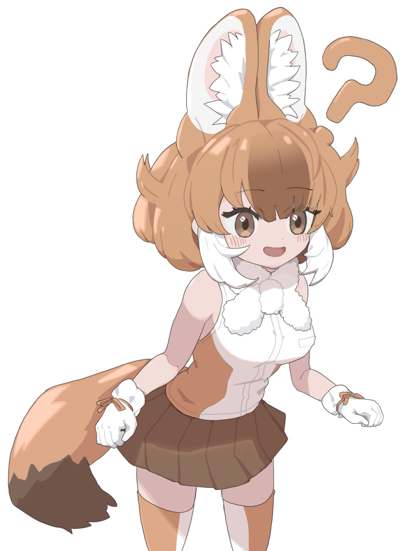 1girl animal_ears bare_shoulders brown_eyes brown_hair dhole_(kemono_friends) extra_ears gloves highres kemono_friends kunikuni_(kunihiro2005) looking_at_viewer multicolored_hair scarf shirt short_hair simple_background skirt sleeveless sleeveless_shirt solo tail thigh-highs two-tone_hair white_hair wolf_ears wolf_girl wolf_tail