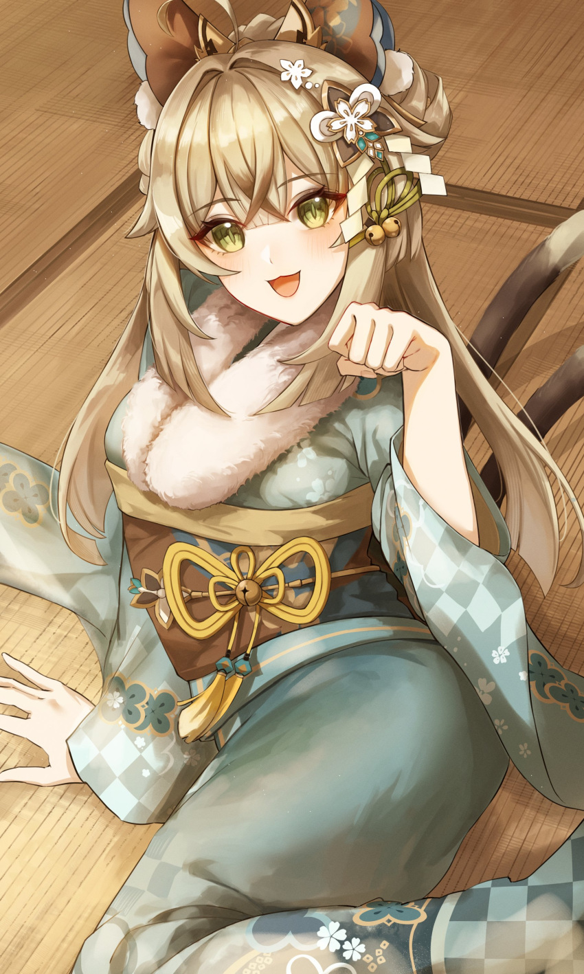 1girl :3 absurdres animal_ears aqua_kimono arm_support bell blonde_hair cat_ears cat_girl cat_tail fur-trimmed_kimono fur_trim genshin_impact green_eyes hair_bell hair_ornament hal_aluha hand_up highres japanese_clothes jingle_bell kimono kirara_(genshin_impact) long_hair looking_at_viewer multiple_tails on_floor open_mouth paw_pose smile solo tail two_tails wooden_floor