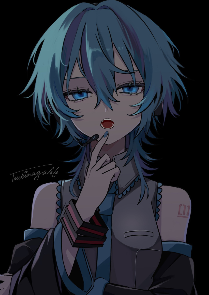 1girl :o bare_shoulders black_background black_sleeves blue_eyes blue_hair blue_nails blue_necktie collared_shirt dark detached_sleeves finger_to_mouth frilled_shirt frills grey_shirt hair_between_eyes hair_ornament hatsune_miku headset highres index_finger_raised long_sleeves looking_at_viewer medium_hair microphone multiple_bracelets naguno-0713 nail_polish necktie number_tattoo open_mouth shirt sidelocks signature simple_background sleeveless sleeveless_shirt solo straight-on tattoo teeth upper_body vocaloid wolf_cut