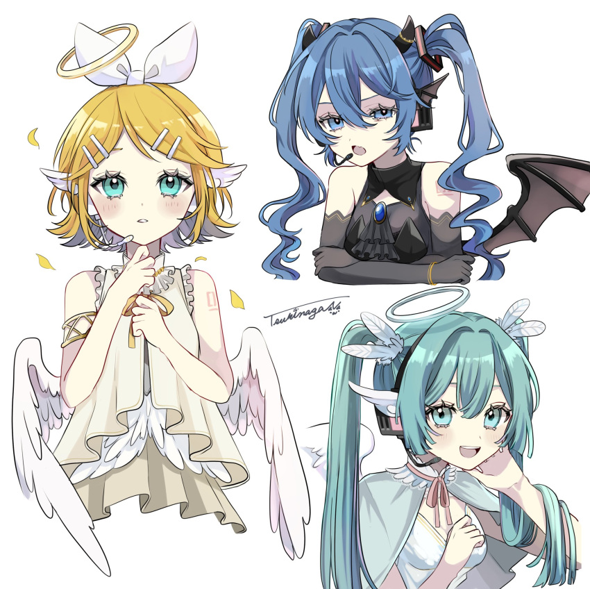 3girls :d :o angel angel_and_devil aqua_eyes aqua_hair armlet ascot bangs_pinned_back bare_shoulders black_ascot black_gloves black_shirt blonde_hair blue_capelet blue_eyes blue_hair bracelet brooch capelet cropped_torso crossed_arms demon demon_girl demon_horns demon_wings dress dual_persona elbow_gloves fang feathered_wings gloves hair_between_eyes hair_ornament hairpin halo hand_on_own_cheek hand_on_own_face hatsune_miku headset highres horns jewelry kagamine_rin long_hair looking_at_viewer microphone multiple_girls naguno-0713 number_tattoo open_mouth parted_bangs shirt sidelocks signature simple_background skin_fang sleeveless sleeveless_shirt smile tattoo teeth twintails upper_teeth_only very_long_hair vocaloid white_background white_dress white_shirt white_wings wings