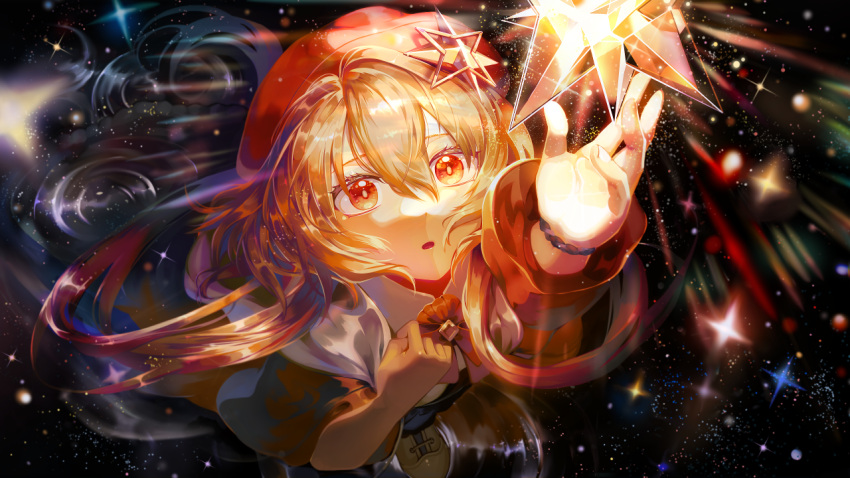 1girl beret blonde_hair from_above hair_between_eyes hair_ornament hat long_hair open_mouth orange_eyes original reaching saihate_(d3) solo sparkle standing star_(sky) star_(symbol) star_hair_ornament torn_clothes