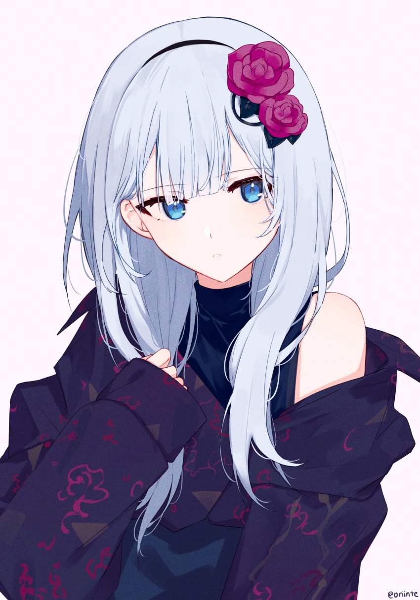 1girl absurdres artist_name black_hairband black_shirt blue_eyes blue_hair blunt_bangs commentary flower grey_background hair_flower hair_ornament hairband highres jacket light_blue_hair looking_at_viewer official_alternate_costume official_alternate_hairstyle orinte parted_lips pink_flower pink_rose project_sekai red_jacket rose shirt sidelocks simple_background sleeveless sleeveless_turtleneck sleeves_past_wrists solo turtleneck yoisaki_kanade zozotown