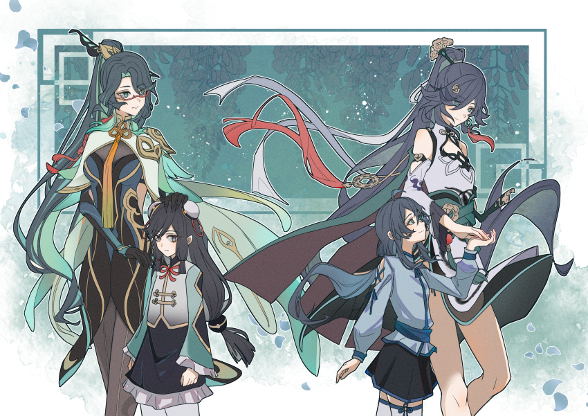 4girls absurdres aged_down ahoge aqua_cape aqua_eyes aqua_hair bare_shoulders bird_hair_ornament black_dress black_gloves black_hair black_skirt blue_eyes blue_hair blue_shirt bun_cover cape cheng_lixue china_dress chinese_clothes cleavage_cutout clothing_cutout cloud_retainer_(genshin_impact) commentary_request cowboy_shot detached_sleeves double_bun dress earrings feet_out_of_frame fu_hua fu_hua_(azure_empyrea) genshin_impact glasses gloves grey_eyes grey_hair hair_bun hair_ornament hair_over_one_eye hairpin hand_on_another's_head hanfu height_difference high_ponytail highres honkai_(series) honkai_impact_3rd jewelry long_hair looking_at_another low-tied_long_hair mimkmo miniskirt multiple_girls paintbrush paintbrush_hair_ornament pantyhose pleated_sleeves ponytail red-framed_eyewear shenhe_(genshin_impact) shirt shoulder_cutout single_earring skirt standing tassel tassel_earrings very_long_hair white_dress white_pantyhose wide_sleeves xianyun_(genshin_impact) yin_yang